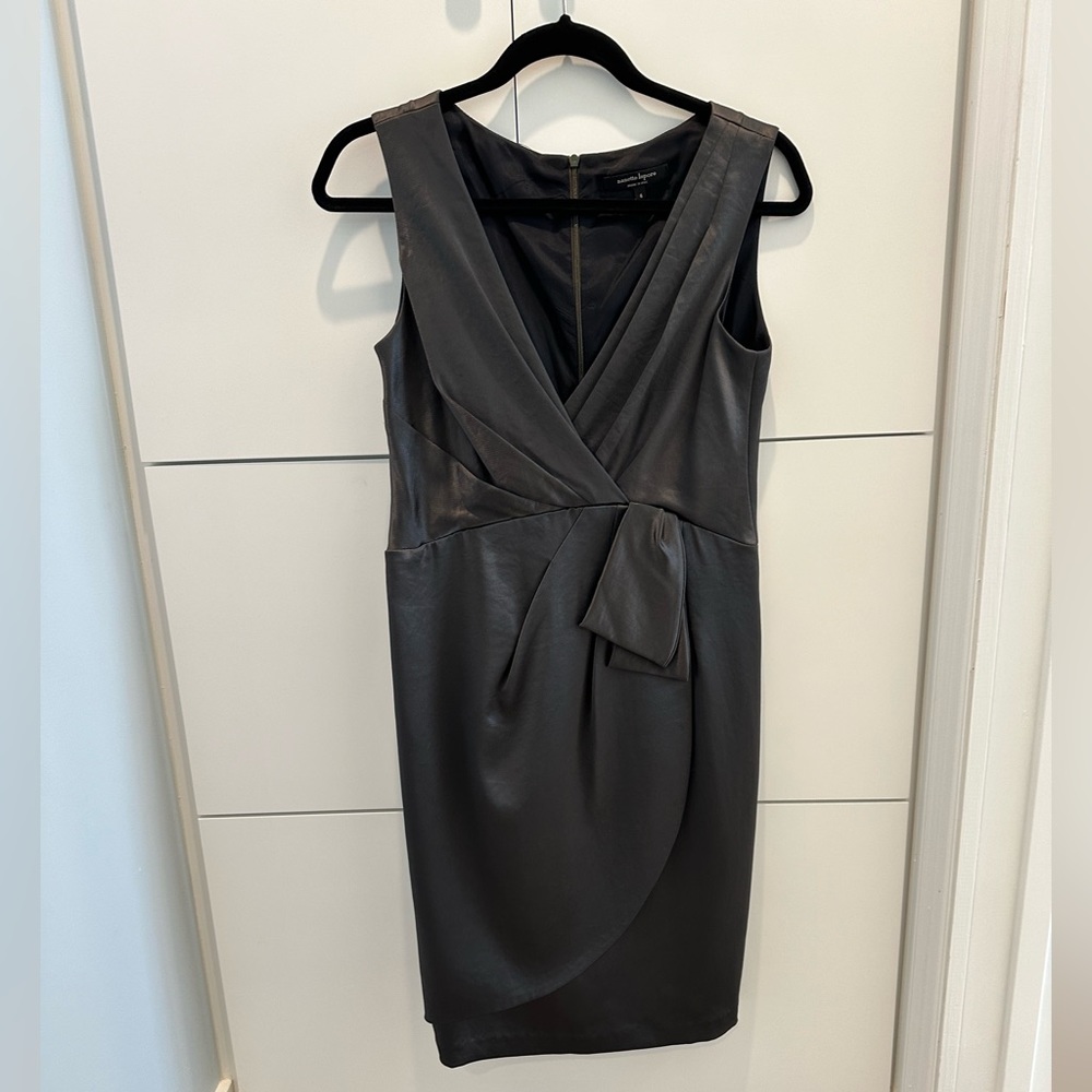 Nanette Lenore satin cocktail dress crossover V neck size 6 dark green